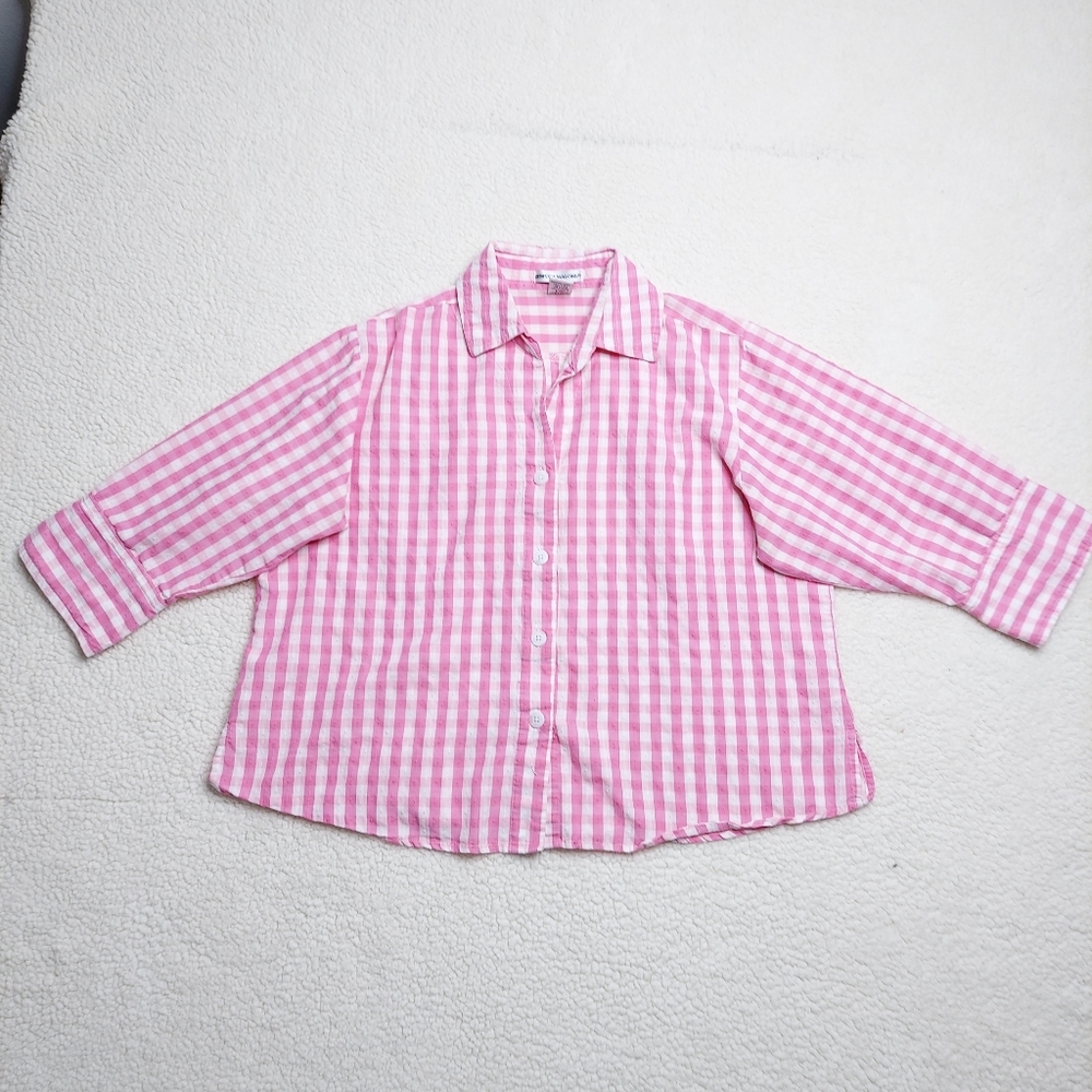 Rebecca Malone Gingham Button Up Shirt XL 3/4 Sleeve Pink White Vintage